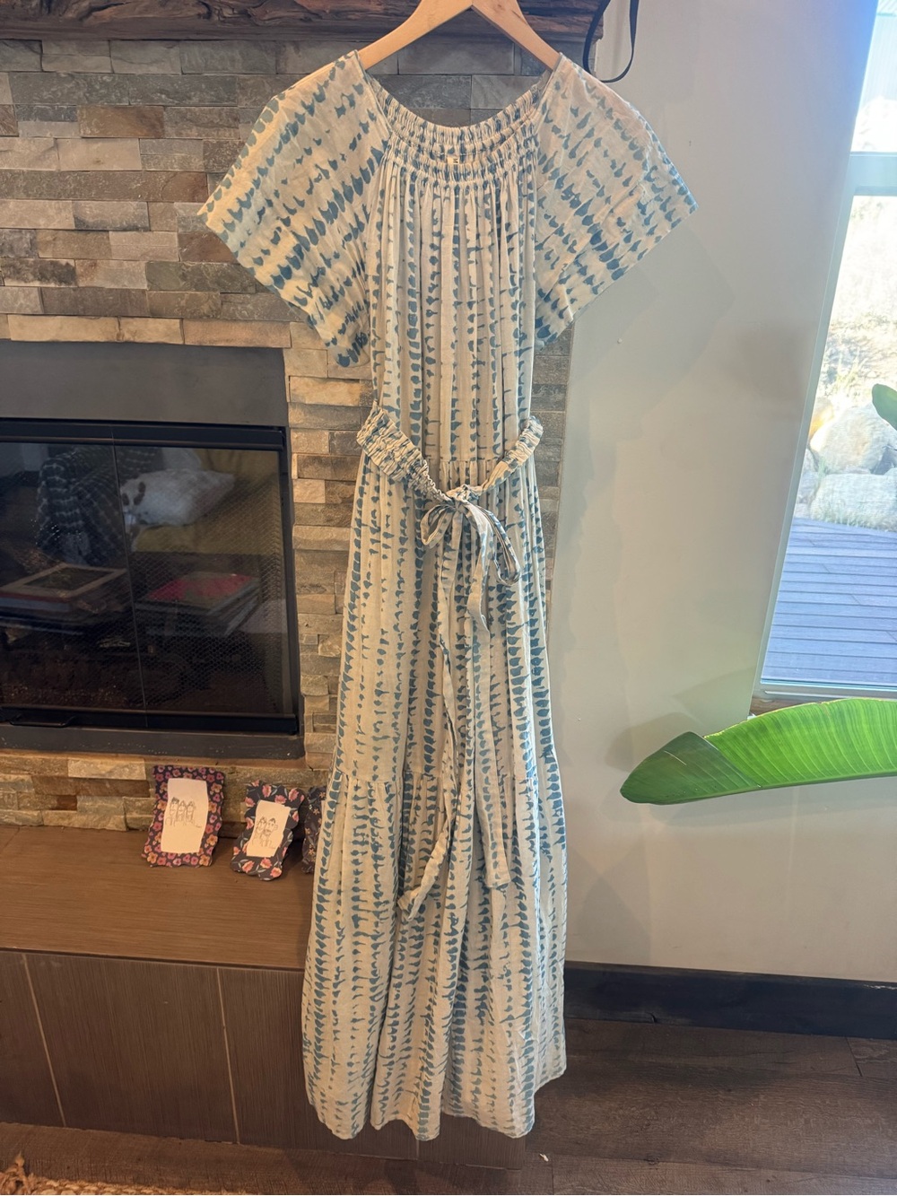 Blue Stripe Cotton Maxi Dress with Tie Waist